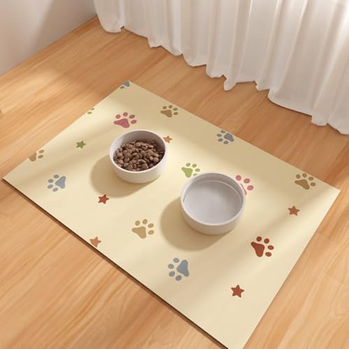BLESWIN Pet Feeding Mat 43x70cm, Absorbent Pet Food Mat, Large Mat for Dog Food and Water Bowls, Rubber Dog Mat for Floor Protection, Cat Placemats for Food and Water, Beige