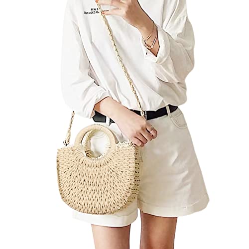 Sac à main tissé beige d'été aux poignées rondes pour savourer la douceur des vacances