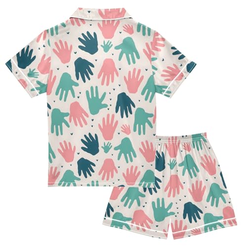 Hand Pattern Summer Satin Pajama Set, Cute Button-Down Sleepwear Pj Set for Sleep Wears2