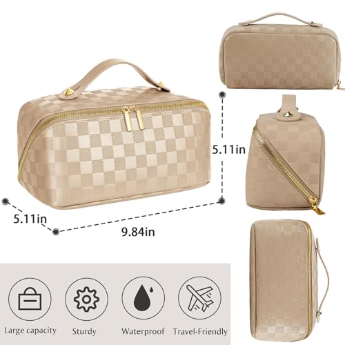 ALEXTINA Large Capacity Travel Cosmetic Bag - Portable Makeup Bags for Women Waterproof PU Leather Checkered Makeup Organizer Bag with Dividers and Handle,Toiletry Bag for Cosmetics, Khaki