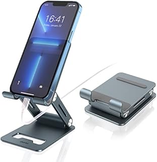 Amazon Brand - Eono Cell Phone Stand Adjustable Foldable Z-type Aluminum Mobile Holder with Anti-Slip Base and Convenient Charging Port, Compatible with 4.7''-7.9'' Phones for Desk,Home Offce- Gray