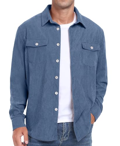 Askdeer Men's Corduroy Button Down Shirts Long Sleeve Casual Shacket Jacket Western Corduroy Shirt Jacket with Flap Pockets, A09 Light Blue, XX-L