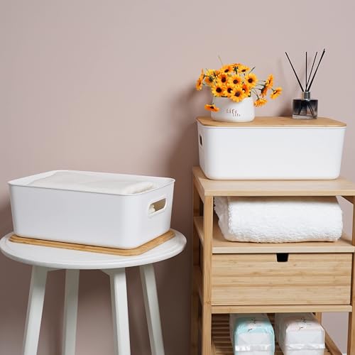 Citylife 2Pack 13L Storage Box with Wood Lid, Plastic Storage Containers for Bathroom, Stackable Organizing Box with Handle for Shelves, Kitchen, White, 38 x 27 x 15 cm - Cosy Home Interiors Citylife 2Pack 13L Storage Box with Wood Lid, Plastic Storage Containers for Bathroom, Stackable Organizing Box with Handle for Shelves, Kitchen, White, 38 x 27 x 15 cm - Image 5