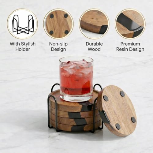 Image of Coaster Set of 4 for Dining Table - Premium Wooden Coasters with Resin Design & Metal Holder - Tea, Coffee & Glass Drink Coasters - Luxury Table Coasters for Office Desk, Kitchen & Home Decor