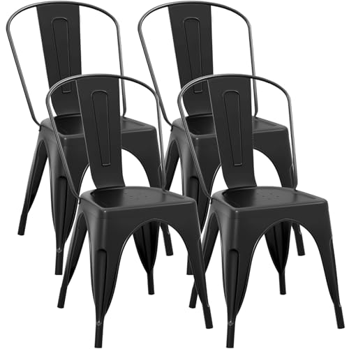 Image of COSTWAY Stackable Metal Dining Chairs Set of 4 with Back, Indoor & Outdoor | Black, Industrial Vintage Style, Breathable Seat, High Backrest, for Dining Room, Kitchen, Bar, Cafe, Bistro, Restaurant