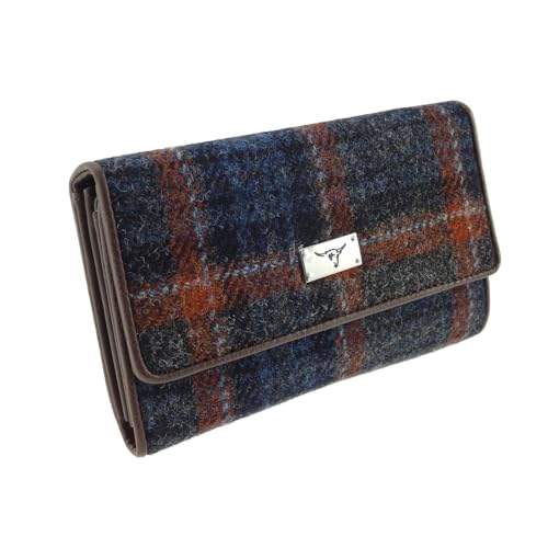 Harris Tweed Ladies Fold-Over Purse - Scottish Wool Wallet with Magnetic Closure - Elegant Women’s Travel & Card Wallet - Grey with Rust Overcheck Tartan