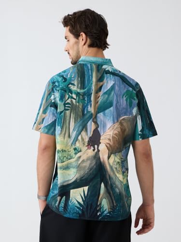 Image of The Souled Store Jungle Book: Into The Wild Men and Boys Short Sleeves Collared Neck Button Front Blue Printed Cotton Blend Regular Fit Holiday Shirts