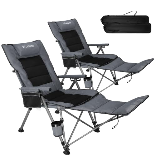 Workims 2 Pack Reclining Camping Chairs with Footrest and Pillow, Grey