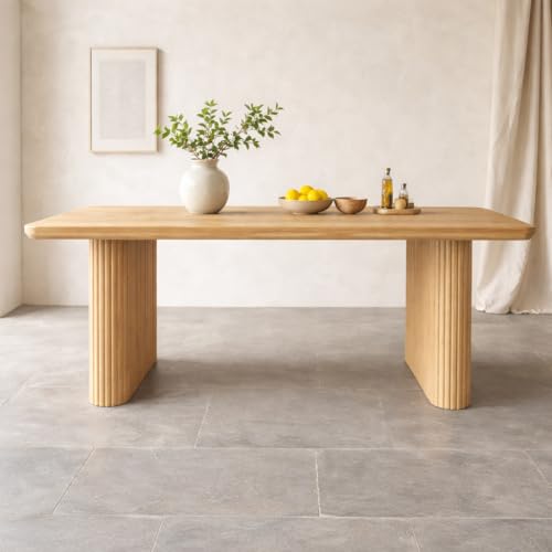 Image of ANGEL FURNITURE Grafton Solid Mango Wood Dining Table, Fluted Column Legs, Contemporary Style (Oak Finish, 140 * 90)