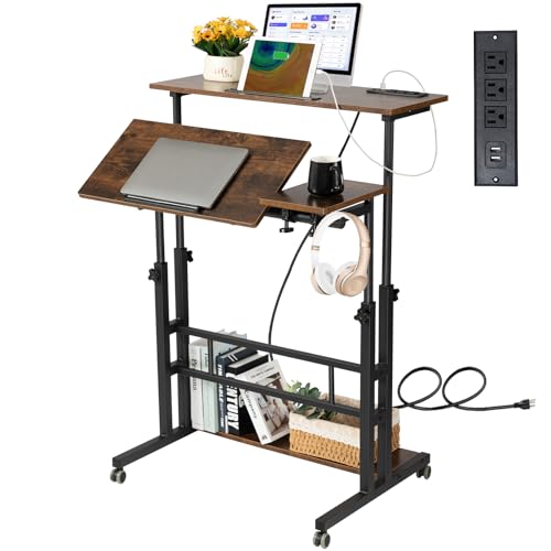Hadulcet Mobile Standing Desk Adjustable Height, Rolling Desk Stand Up Desk, Mobile Laptop Desk, Rolling Computer Desk with Charging Station, Portable Desk with Wheels, Rustic Brown by Hadulcet - Used condition - US$83.65