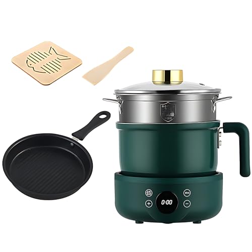 Electric Hot Pot, 1.8L Electric Stew Pot with 9.5H Timer, Non-stick Multi Electric Skillet Cooker with Steamer and Frying Pan, Portable Electric Pan for Stew/ramen/pasta/soup