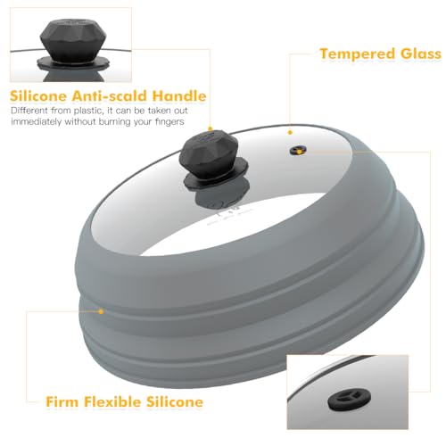 Image of Microwave Splatter Cover Vented Glass Splatter Guard Lid with Collapsible Silicone for Food as Pot Cover Plate 9.8 inch Light Grey