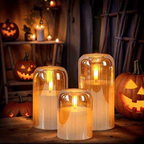 Image of Eldnacele Gold Glass Flameless Candles with Remote and Timer, Battery Operated 3D Wick Flickering LED Pillar Candles for Dinner Wedding Holiday Decor(3Pcs, D3xH4 /5 inch /6 inch)
