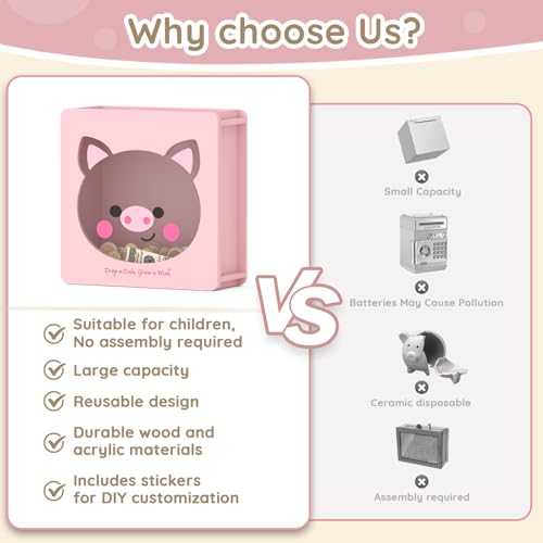 Image of Summidate Wooden Money Saving Box, Clear Window Cash Vault Savings Box with DIY Stickers, Reusable Personalized Piggy Bank for Kids & Adults, Birthday /Baby Shower /Wedding Gift