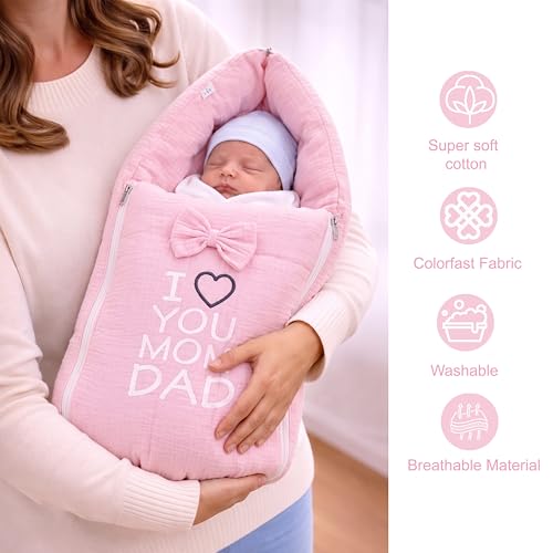 Image of Fareto Combo of Baby Bed with Net | Carry Bag | 4 Pcs Bedding Set (0-6 Months, Baby Size, Cotton) (M Pink)