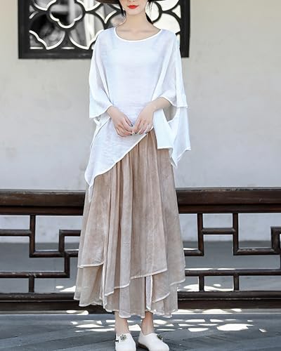 LUZU JUNU Women's Elastic Waist Cotton Layered Flowy Irregular Bohemian Maxi Skirt for Vacation2