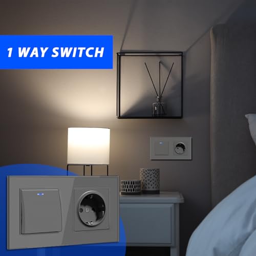 BSEED Lichtschalter mit Steckdose 1 Fach 1 Weg, Lichtschalter Glas Schuko Steckdose Unterputz mit Steckklemme, Taster Schalter Unterputz mit LED Kontrollleuchte, Grau