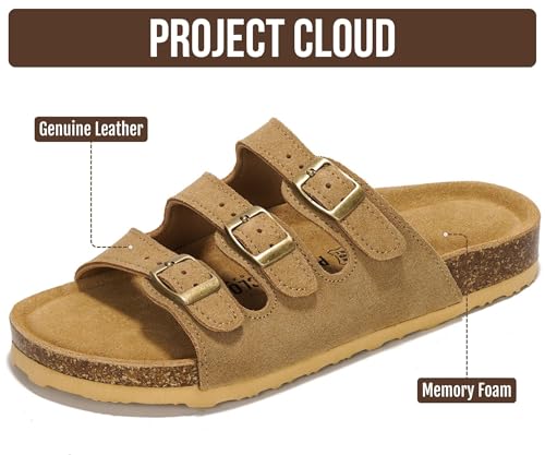 Image of Project Cloud 100% Genuine Leather Summer Sandals for Women 2026 - Memory Foam & Cork Footbed Beach Vacation Essentials Womens Sandals Comfortable Lightweight Slides for Women Footwear (Capri)