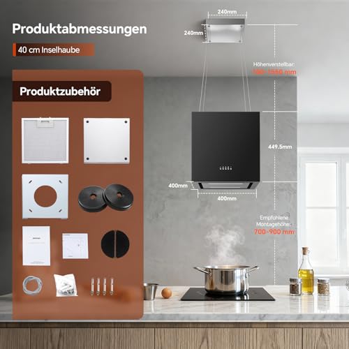SNDOAS Inselhaube, 800 m³/h Dunstabzugshaube Umluft für Kochinsel, Aktivkohlefilter, 3 Geschwindigkeitsstufen mit Boost, Freihängende Installationsdesign, 40cm, Schwarz