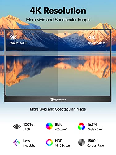 4K Portable Monitor, Magicraven 16" 3840*2400 Ips Laptop Monitor, 1500:1, 400 Nits Screen Usb C Hdmi Computer Gaming Display With Speakers & Smart Cover, Travel Monitor For Pc Phone Ps5/4 Xbox Switch #TOP1