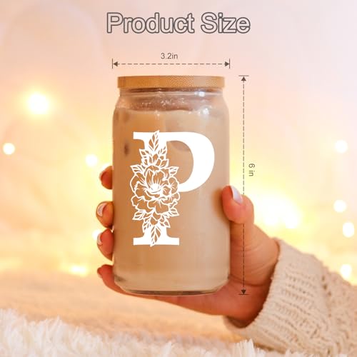 Image of Coolife Initial Glass Cup, Monogrammed Gifts for Women, 16 oz Tumbler w /Lid | Iced Coffee Smoothie Beer Tumbler w /Straw Lid - Personalized Christmas, Birthday Gifts for Woman Her Mom Friend