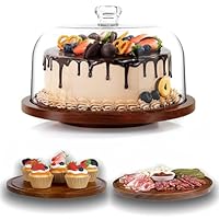 Acacia Wood Cake Stand with Lid - 12in Round Cake Holder,Rotating Cake Plate with Cover, Wooden Cake Display Stand with Acrylic Dome