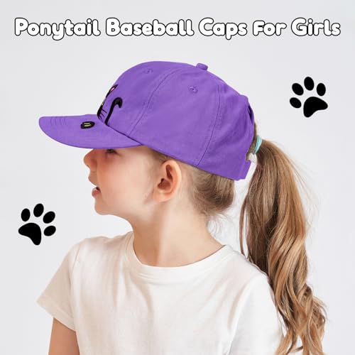 Kids Girls Cute Cat Embroidered Baseball Cap Toddler Adjustable Ponytail Hat for Cat Lover Gifts, 3-8 Years2