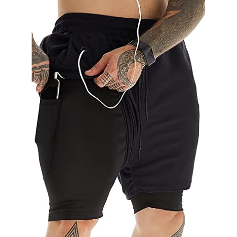 JWJ Herren 2-in-1 Workout-Laufshorts 17,8 cm Leichte Athletic Gym Shorts mit Kompressionsfutter, Schwarz, XL Cover