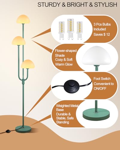 Image of Lightdot 66IN Mushroom Floor Lamp 3-Lights Vintage Floor Lamps with Bulbs Included Modern Dimmable Tall Standing Lamp with 5Lbs Heavy Base for Living Room /Bedroom /Sofa Beside /Corner Decor-Green