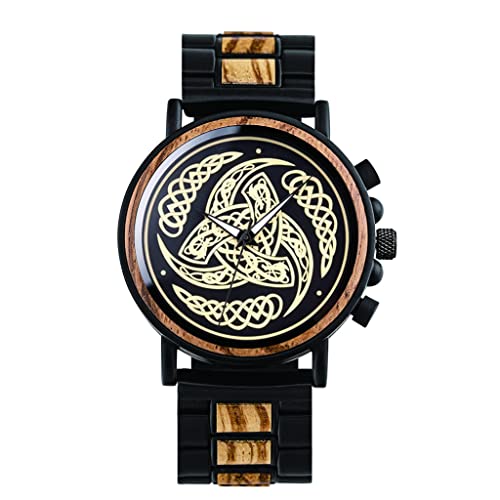 WYPAN Relojes Vikingos de Madera para Hombre,Hecho a Mano úNico Cuernos de OdíN PatróN,Moda Personalizada Cuarzo AnalóGico de Madera Reloj de Pulsera Regalos,For Boyfriend