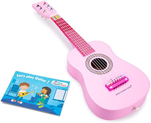 New Classic Toys 10345 Drewniana zabawka gitarowa dla małych dzieci, 3 chłopców i dziewcząt, prezenty dla dzieci, instrumenty muzyczne dla dzieci, trzyletnia, muzyczna muzyka, czerwony, 10349, różowy