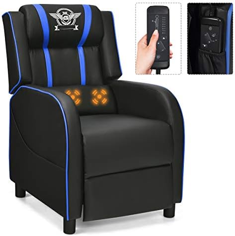 Giantex Gaming Recliner Chair, Racing Style Single Recliner Sofa w/Massage, Adjustable PU Leather Video Game Chair Home Theater Seat for Living Room Game & Recreation Room (Blue)