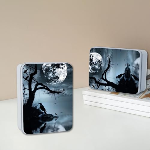 Image of Metal Tin Box with Lid,Multi-functional Storage Box Can Store Tea Biscuits Game Cards, Playing & Tarot Cards-Comes with 4 Magnetic Cord Clips,Raven Moonlight Scene