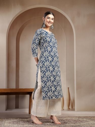 Image of Stylum Women's Blue Floral Printed Cotton Straight Kurta