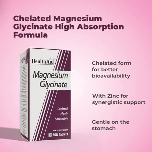 Image of HealthAid Chelated Magnesium Glycinate with Zinc (1682 mg) - Magnesium Supplement for Muscle Recovery, Sleep Support, Cramps Relief & Nerve Health | Promotes Brain Health - 60 Veg Tablets