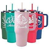 Personalized 40 oz Engraved Tumbler, With Handle, 2 Straws, Brush and Pad, Custom Stainless Steel Insulated Travel Cup, Double-Wall, Keeps Drinks Hot & Cold, Gift for Him, Her, Teen Girls Made in USA.