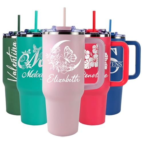 Personalized 40 oz Engraved Tumbler, With Handle, 2 Straws, Brush and Pad, Custom Stainless Steel Insulated Travel Cup, Double-Wall, Keeps Drinks Hot & Cold, Gift for Him, Her, Teen Girls Made in USA.