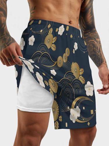 Mens Swim Trunks with Compression Liner,Japanese Floral on Black Men's Inseam Board Shorts Quick Dry Bathing Suit for Men2