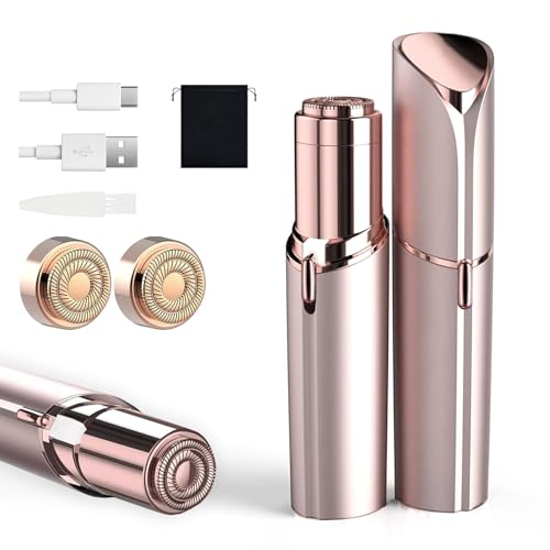 Facial Hair Remover for Women Rechargeable Womens Facial Shaver Painless Lady Shavers for Women for Face Hair Upper Lips Peach Fuzz Bikini Body with 2 x Replacement Heads (Pink)