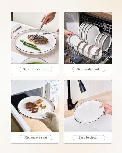 Image of Famiware Porcelain Dinnerware Set, 12-Piece Modern Plate and Bowl Set, Dish Set for 4, Microwave and Dishwasher Safe Tableware, White with Black Trim