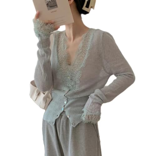 Womens Y2k Patchwork Lace Trim V-Neck Knitted Cardigan Sweaters Wool Blend Chic Vintage Tops Fairycore Clothing (Blue,One Size)