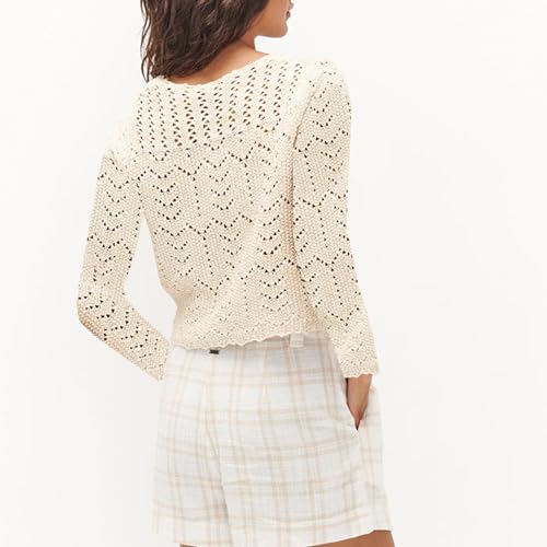 Image of KMBANGI Women Crochet Cardigan Lightweight Long Sleeve Button Down Knit Shirt Y2K Hollow Out Sweater Top(Beige,M), Medium