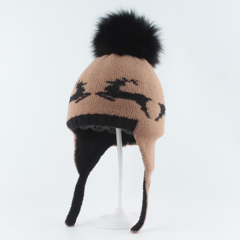 Kids' Deer Print Knit Hat, Animal Ear Flap Beanie with Adjustable Chin Strap, Winter Skull Cap for Boys & Girls