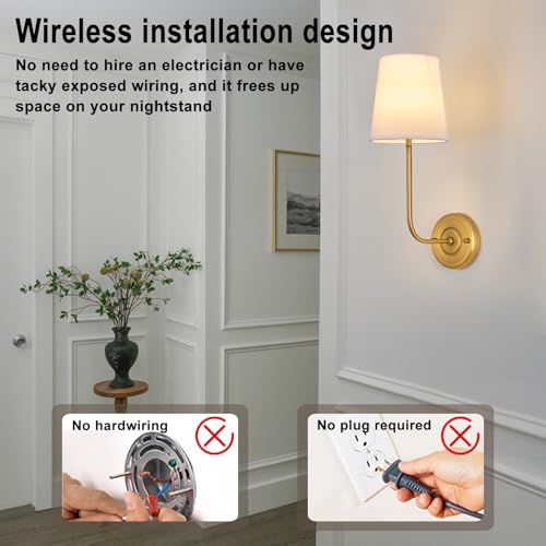 Image of Rechargeable Wall Sconces Set of 2,Battery Operated Brass Wall Sconce with Dimmable Bulb and Remote Control,Cordless Wall Sconce Lights for Living Room Decor