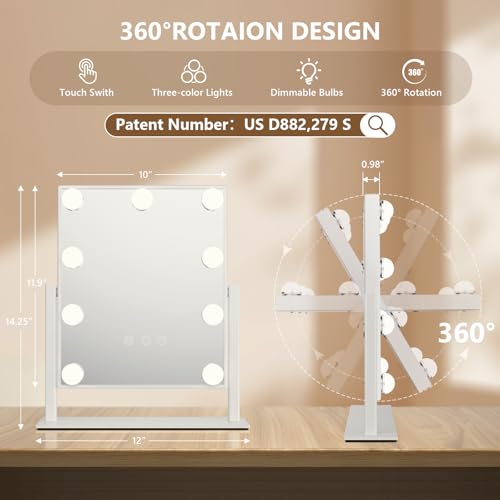 Hollywood Vanity Makeup Mirror with 9 LED Lights, Touch Control, 3 Colors, and 360° Rotation for Dressing Room & Bedroom