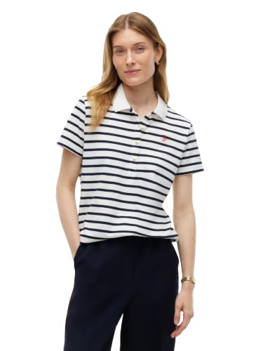 Tommy Hilfiger Women's Regular Short Sleeve Pique Polo with Script Logo, Ecru/Dark Night Navy Stripe Large