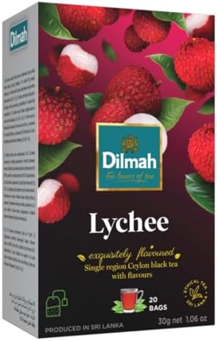 DILMAH Lychee Flavored Black Ceylon Tea - 20 Individually Wrapped Tea Bags - Premium Aromatic Blend - Rich Lychee Fruit Taste - High-Grown Ceylon Tea - Perfect for Hot or Iced Beverages