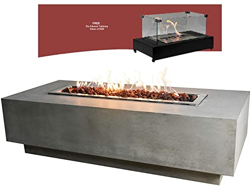 Elementi, Granville, 60” Rectangle Outdoor Concrete Fire Pit Table, Electronic Ignition, Weather Cover and Lava Rock Included, Bio-Ethanol Tabletop Included, Propane, Up to 45,000 BTU