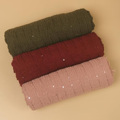 3PCS Gauze Cotton Sequins Scarf Shawl Crinkle Soft Headwraps Muslim Hijab3