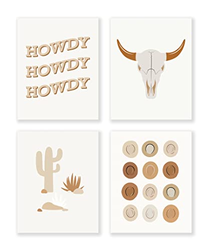 Image of LiTiu Boho Preppy Wall Art Poster Prints Decor, Howdy bull Skull Cowboy Cowgirl Hat Cactus 8”x10”Set of 4, Boho Preppy Artwork Girls Gifts for Women, Decor For Girls Room